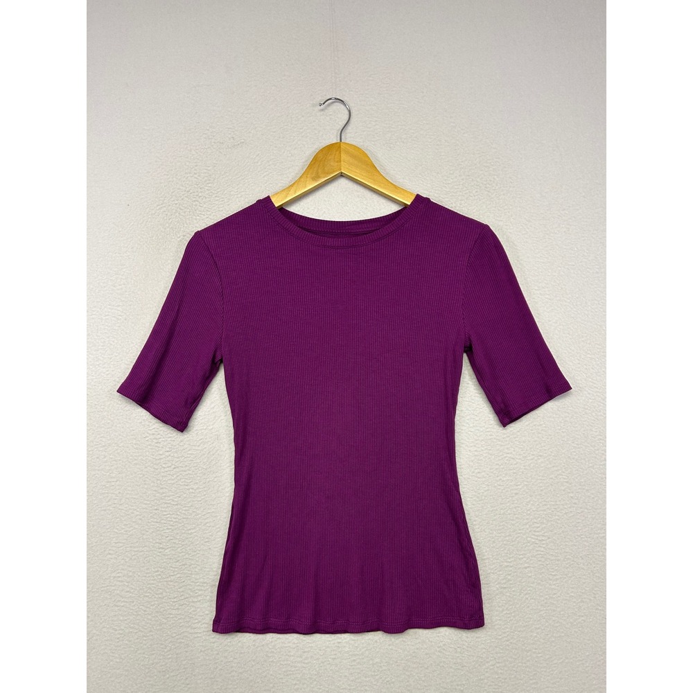 Nine West Ribbed Knit Top Womens Small Purple Crew Neck Minimalist Basic Layer